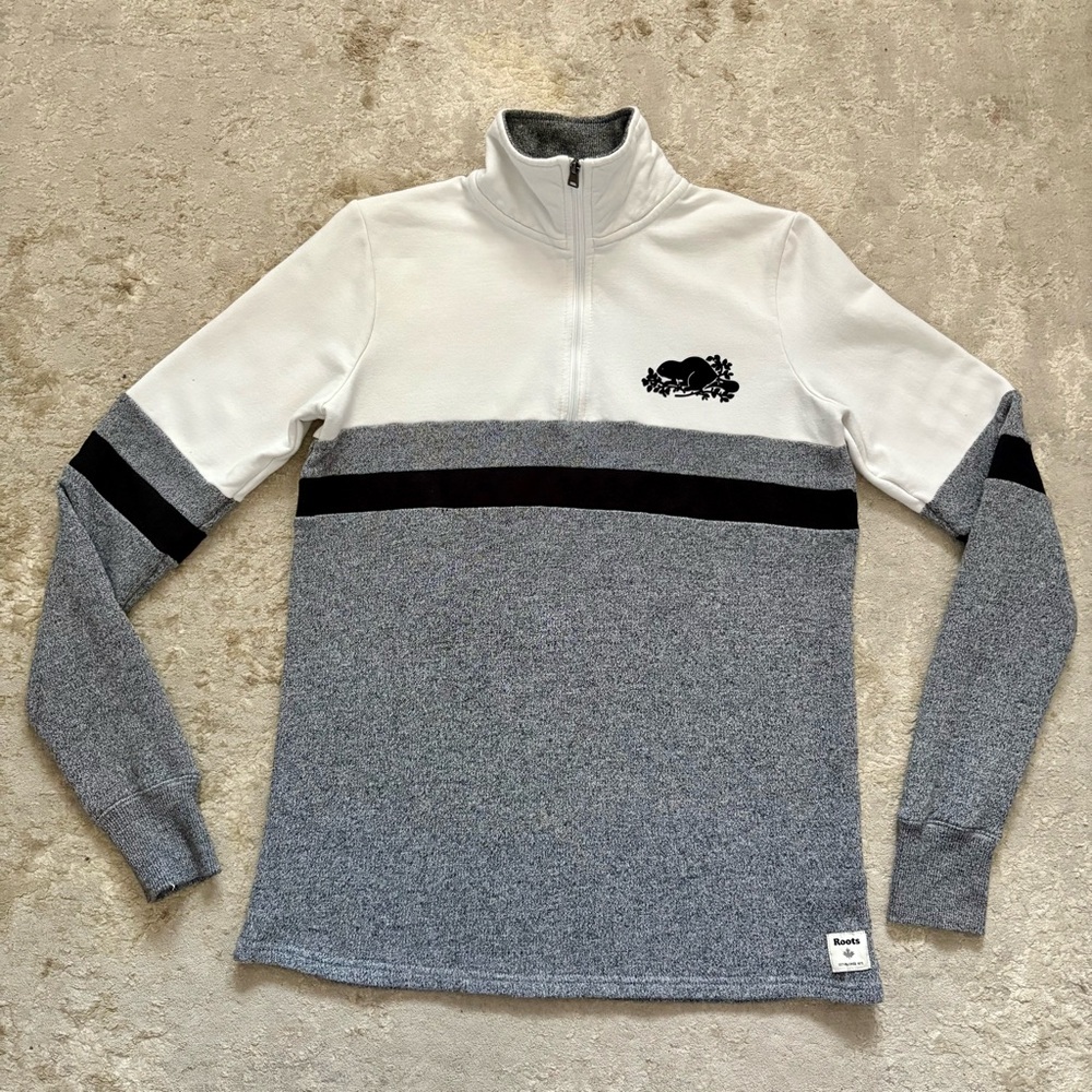 Roots Tri-Coloured Half Zip Logo Swearshirt Size Xsmall - Picture 3 of 10